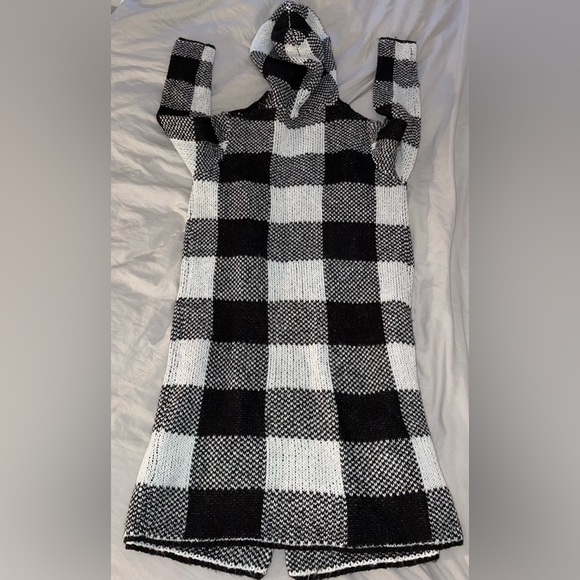 Long knit checkered hooded cardigan - Picture 2 of 2